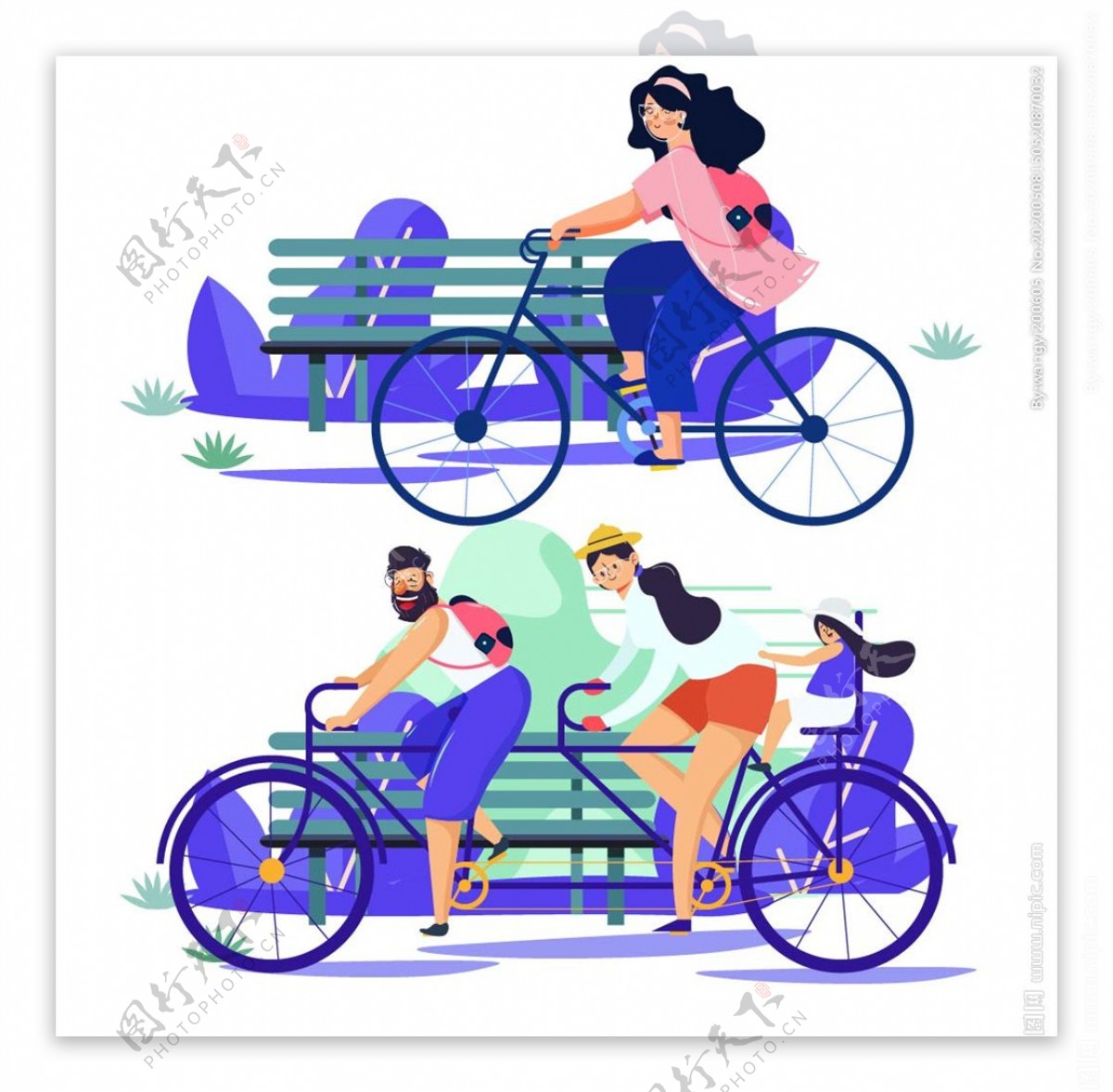 卡通骑自行车男女素材