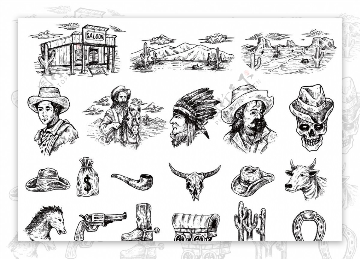 黑白素描印第安风情插画