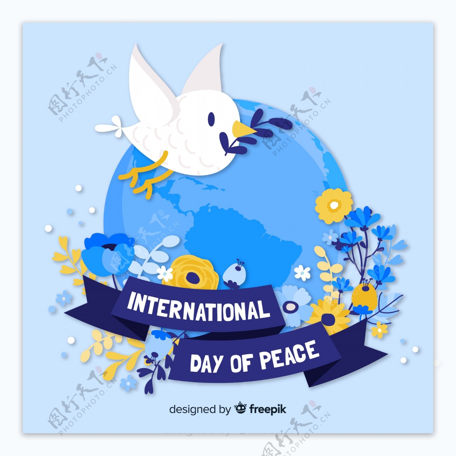 创意国际和平日花卉和鸟矢量图