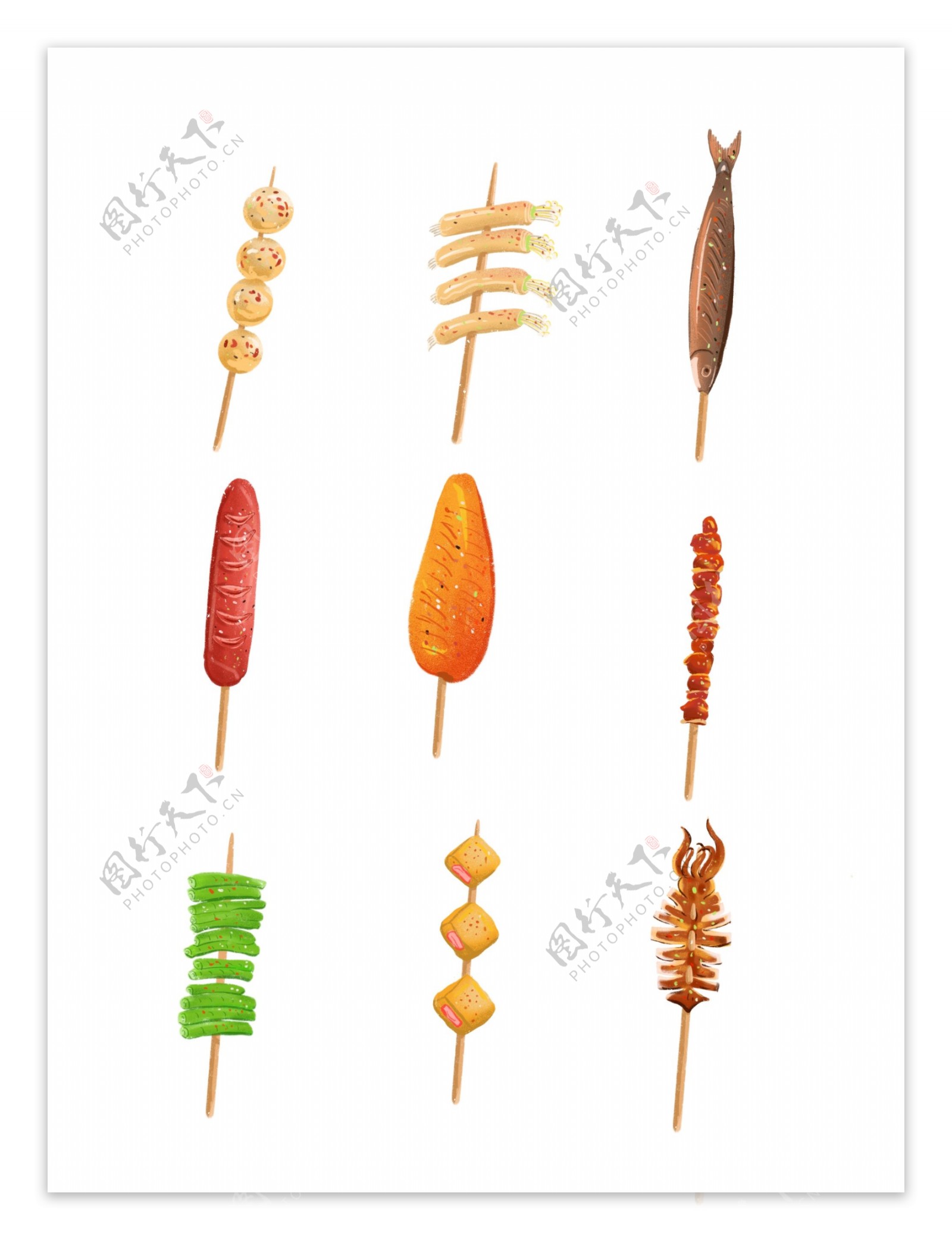 手绘烤串插图(烧烤、烤串、肉串、肉制品、蔬菜、美食、辣椒)手绘插图_北极熊素材库