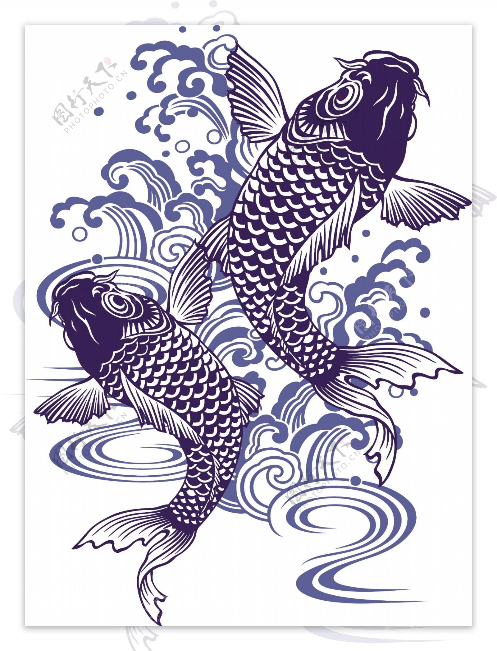蓝色锦鲤祥云和鱼