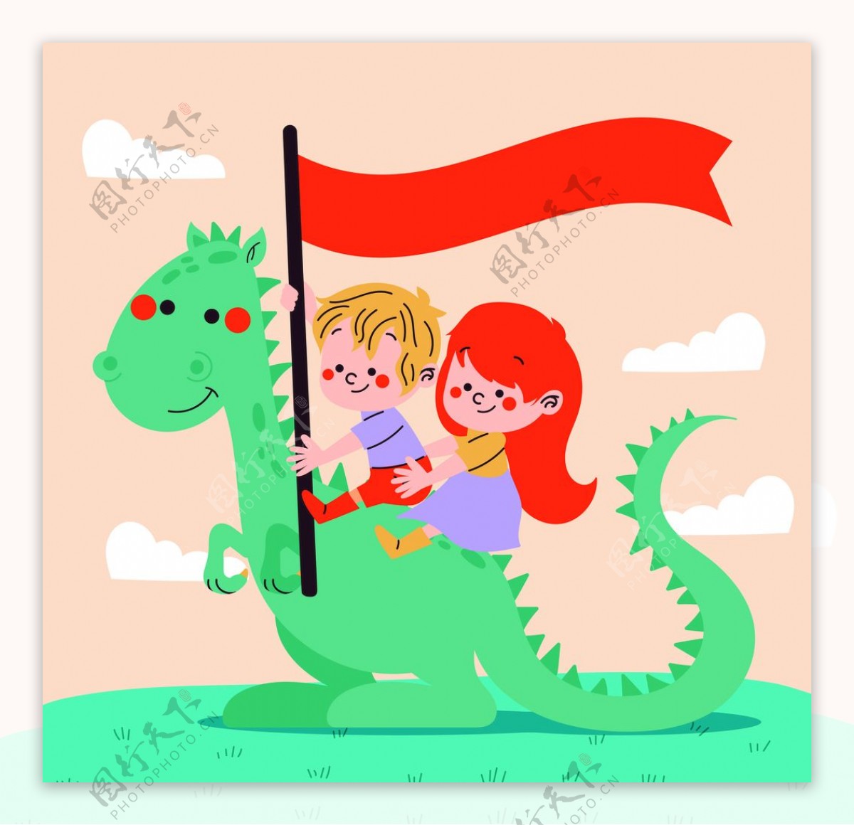 骑着恐龙玩耍的小孩漫画海报