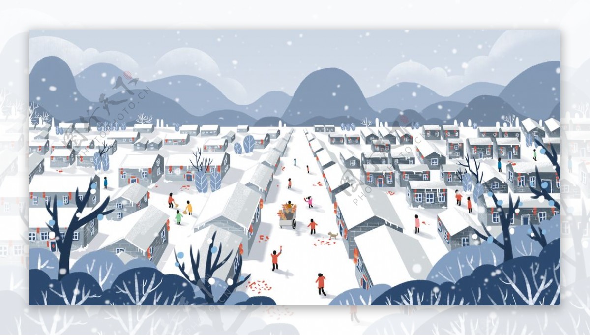 冬季玩耍大雪插画卡通背景素材