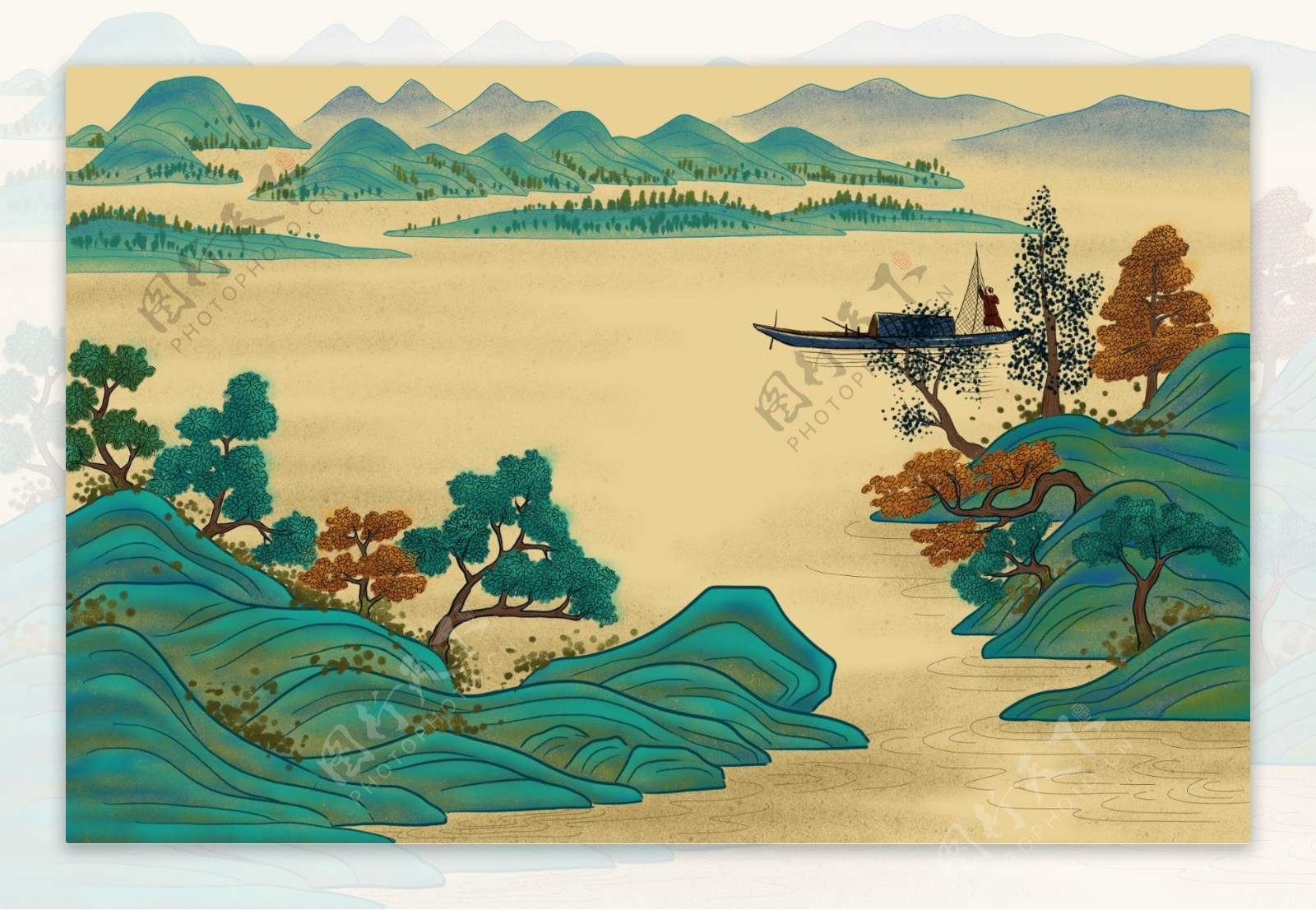 山水复古古风传统国风插画素材