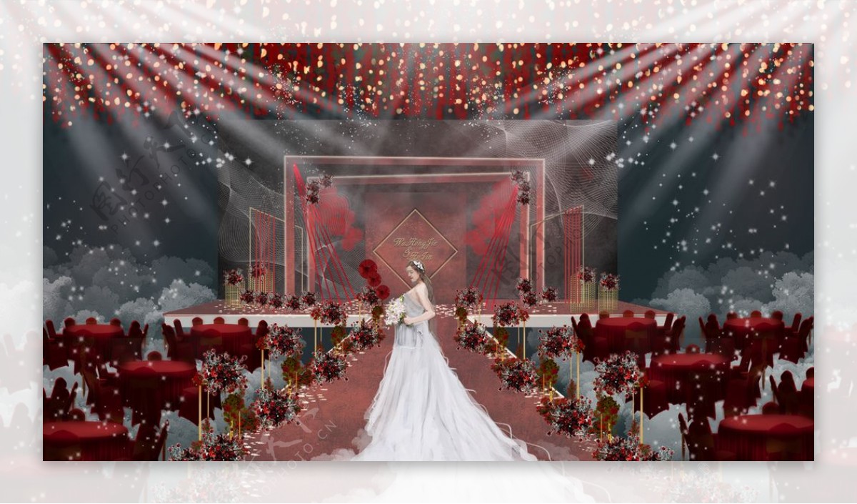 复古红色婚礼效果图背景