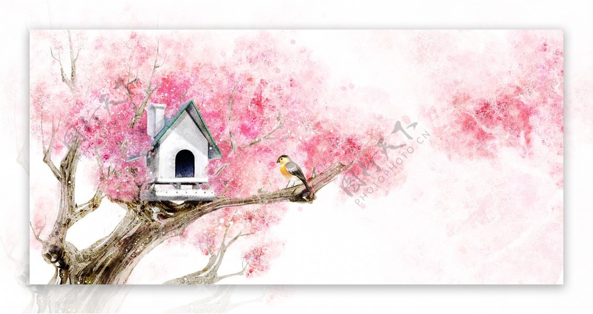 油画小鸟鸟窝树上的房子