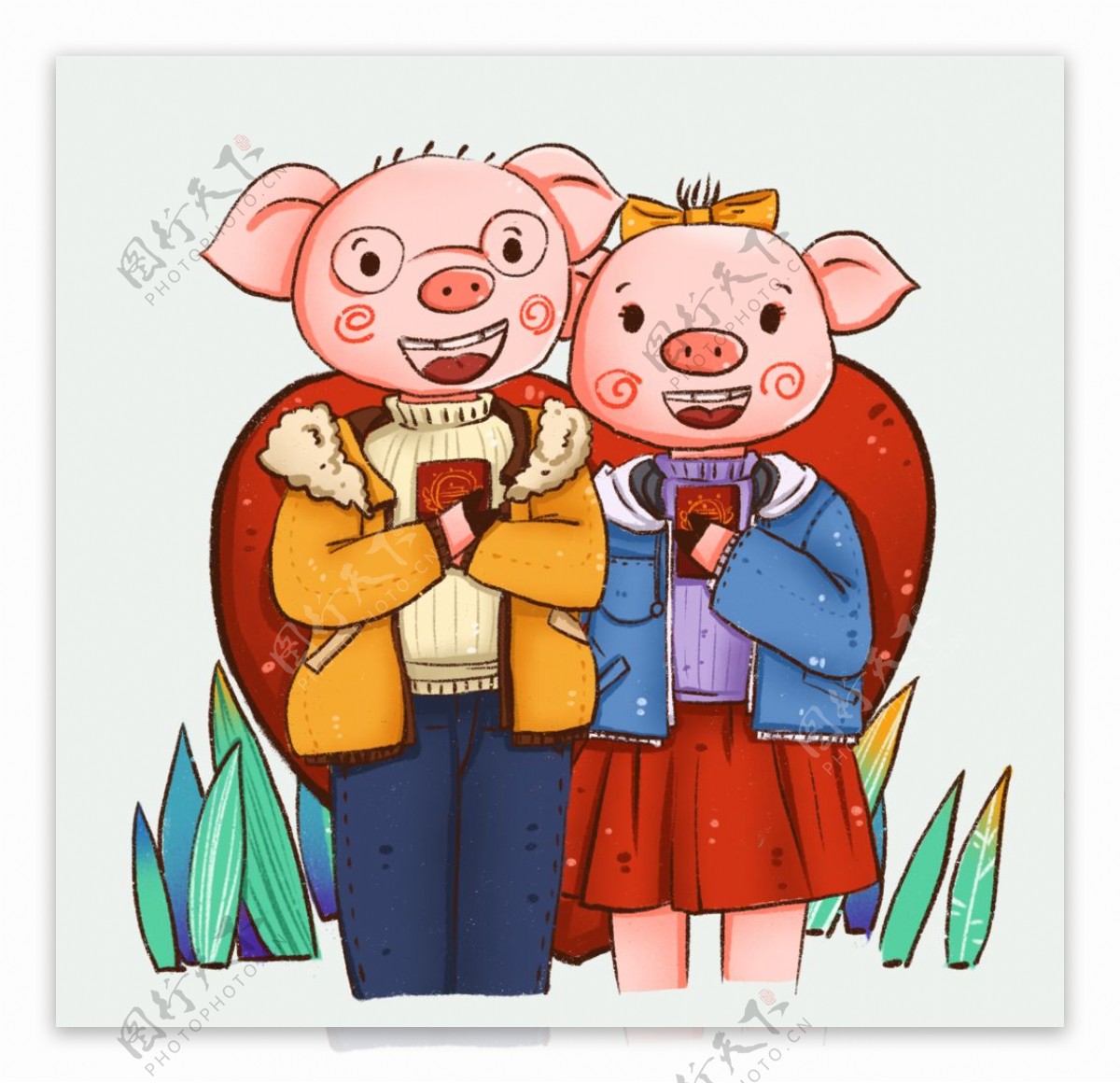 手绘猪卡通猪情侣图片