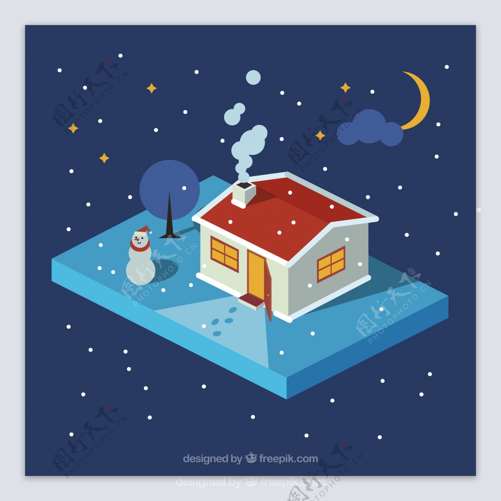 冬季夜晚房屋和雪人图片
