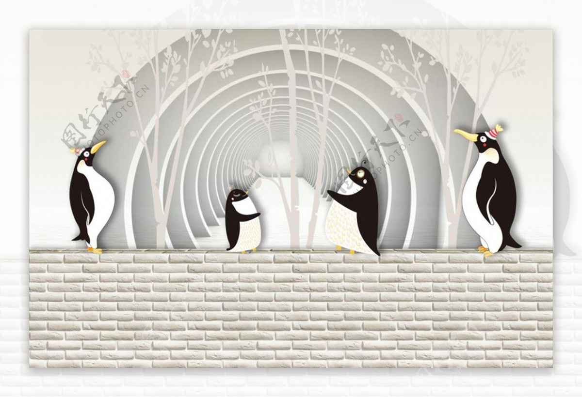 3D企鹅背景墙图片