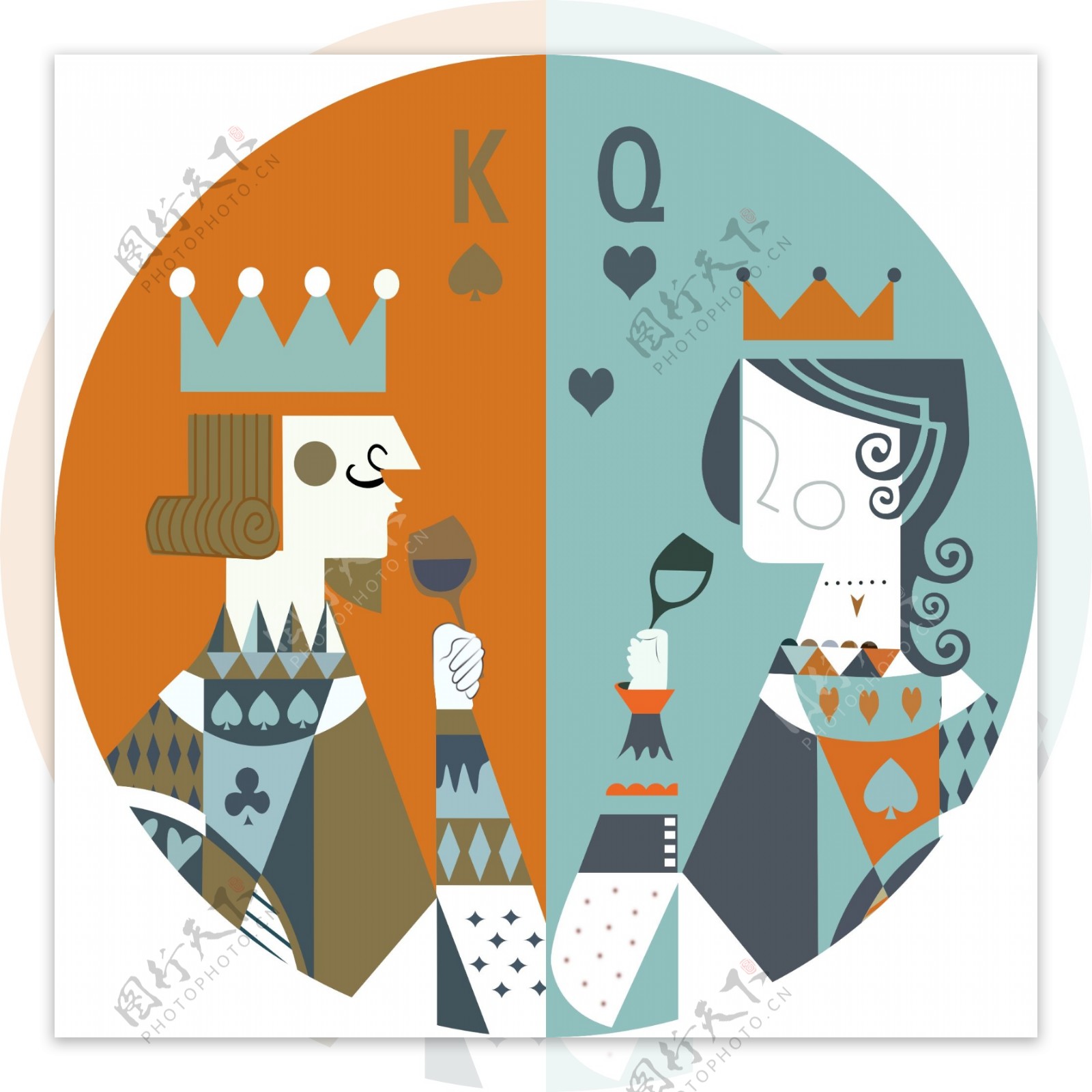 扑克国王王后圆形装饰画图片