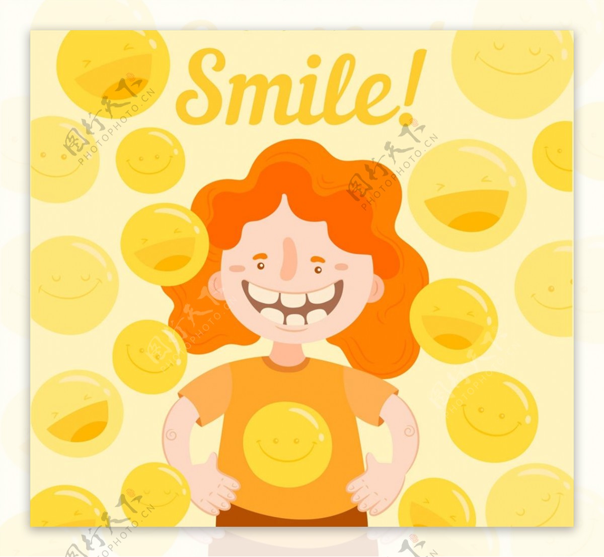 橙发笑脸女孩矢量图片