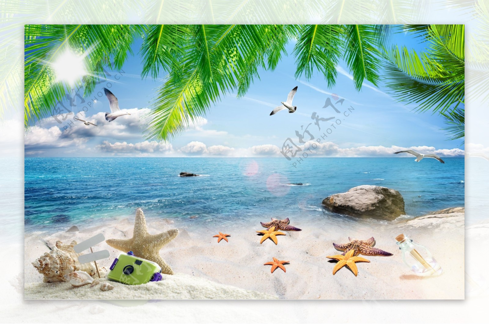 椰树海边风景背景墙图片