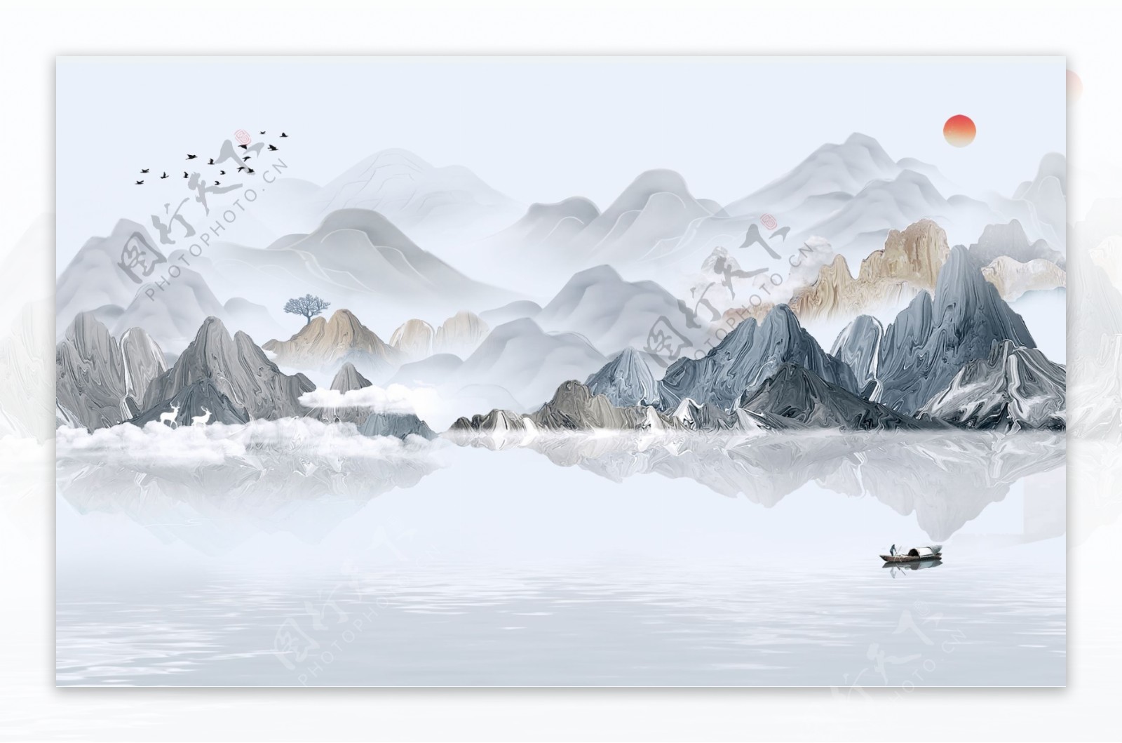新中式山水背景墙壁纸图片