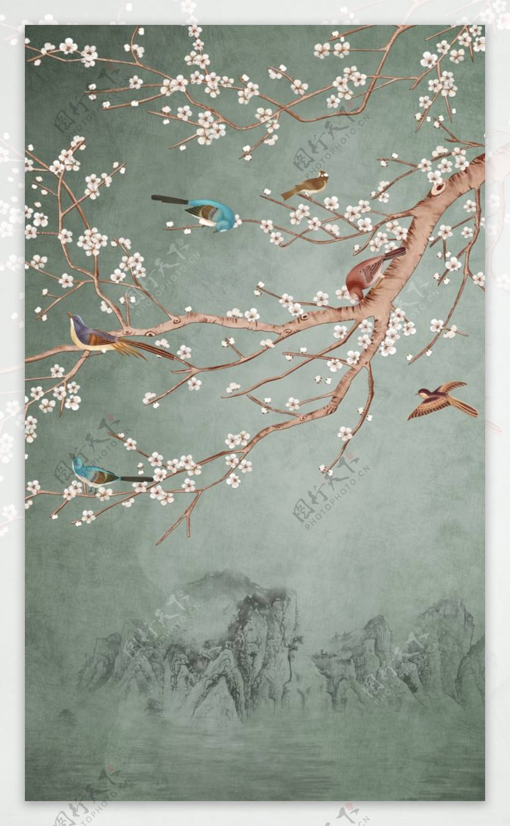 梅花花朵复古山水背景海报素材图片
