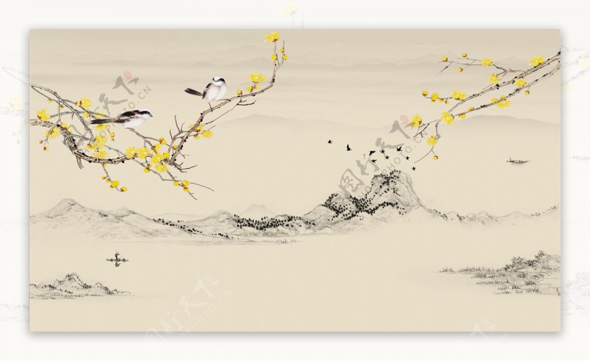 花鸟画山水风景银杏树背景墙图片