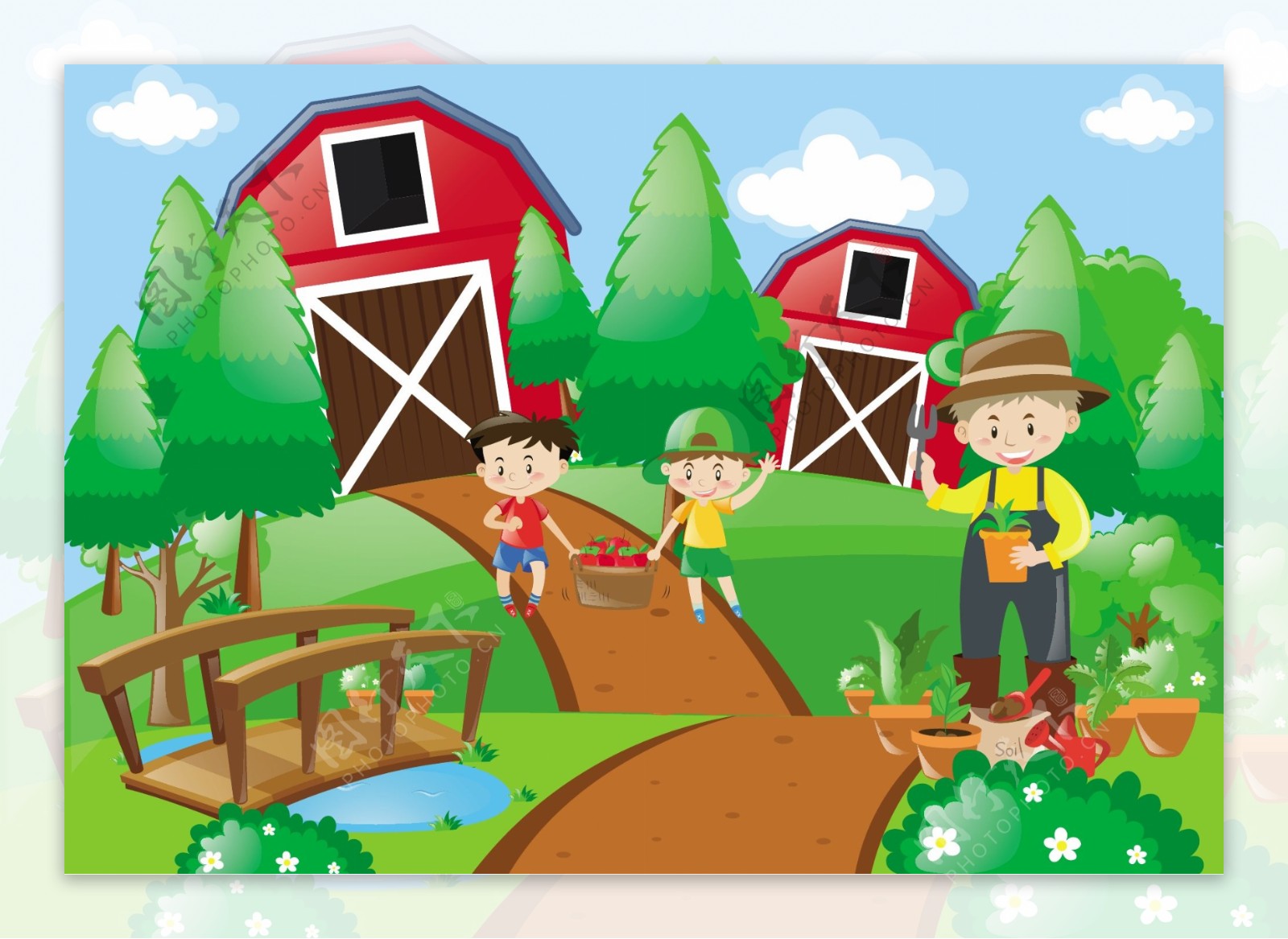 快乐的三只小猪在农场里玩原木插画图片素材_ID:317034985-Veer图库