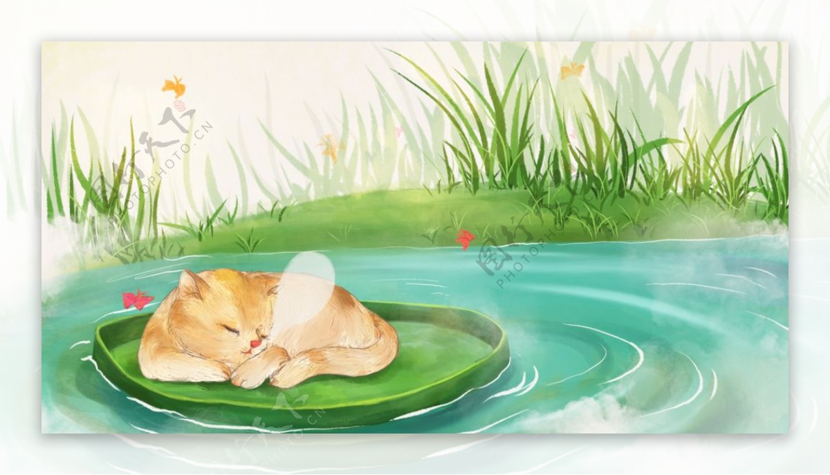 池塘小猫清新插画背景海报素材图片
