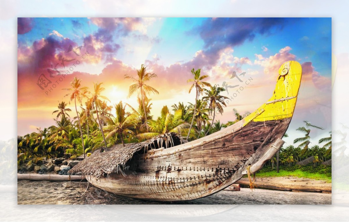 海岸古船沙滩上的艺术船装饰图图片
