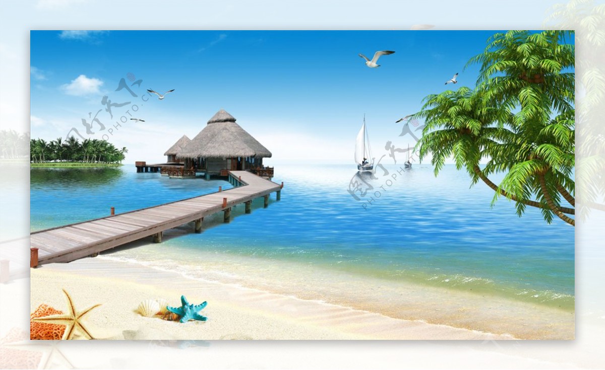海边椰树沙滩小桥海鸥图片