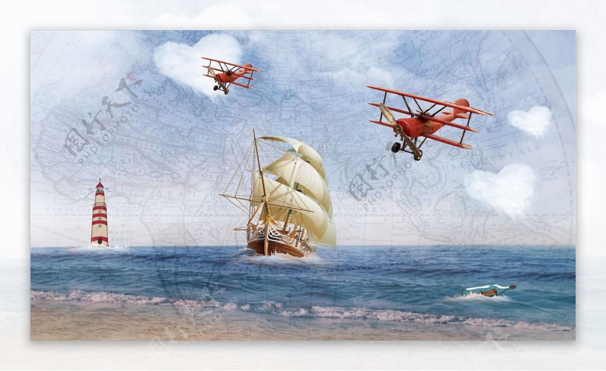 大海灯塔飞行器帆船背景墙图片