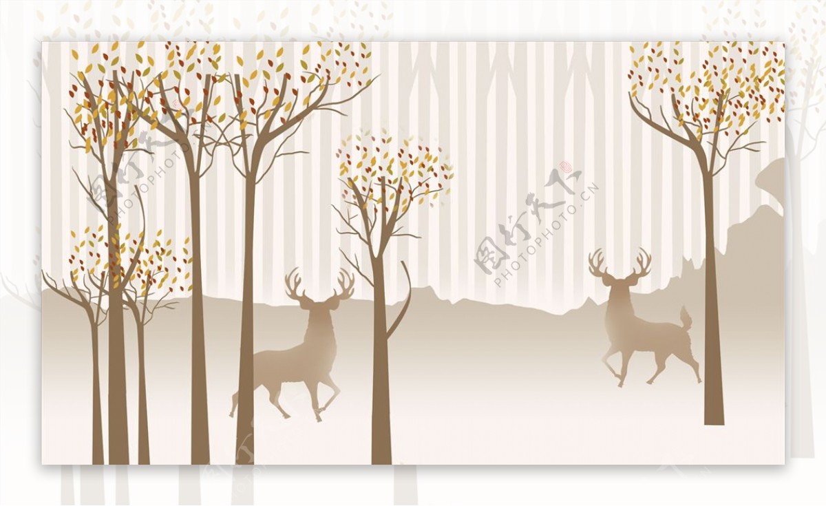 水墨画抽象树鹿欧式背景墙图片