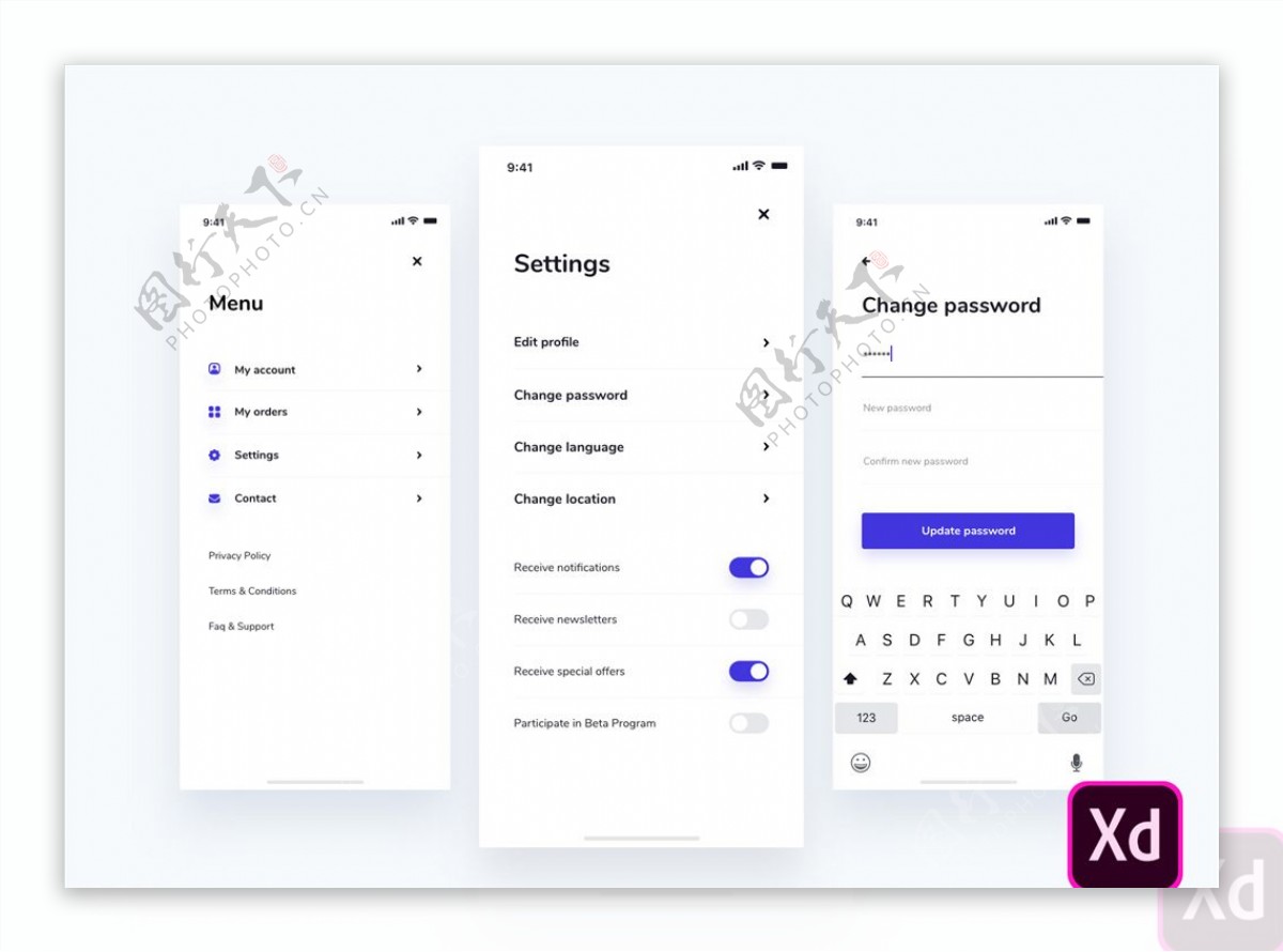 xd设置紫色UI设计侧滑菜单页图片